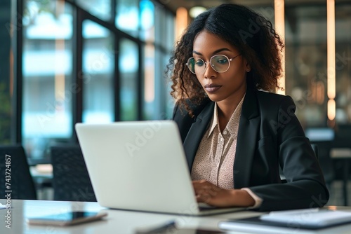 Busy professional young African American business woman company manager executive wearing suit working in corporate office looking at laptop computer watching webinar writing notes, Generative AI