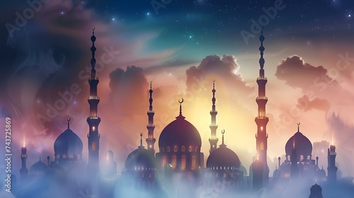 Illustration of mosque on the background of the night sky with clouds