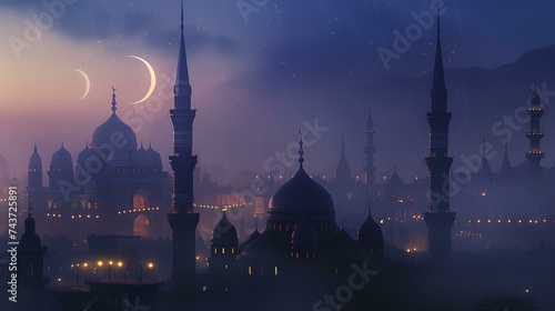 Ramadan Kareem background with mosque and moon, 3d rendering photo