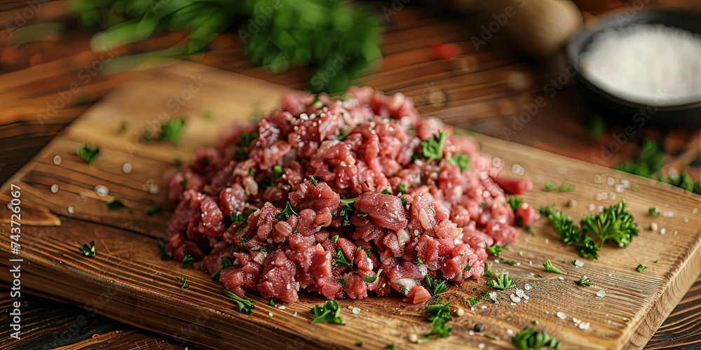 Fresh ground meat, cooking process, background.