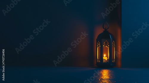 Lantern with burning candle on dark background. Ramadan Kareem concept
