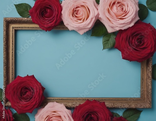 Frame with bright rose flowers on a blue background. Greeting card design for holiday  Mother s Day  Easter  Valentine s Day. Spring composition. Flat lay  top view  copy space