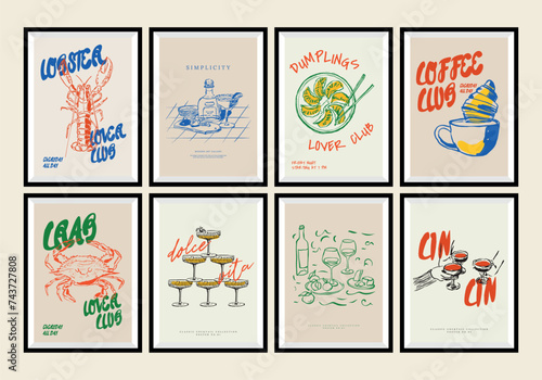 Minimalist hand drawn food and drink vector print poster collection. Matisse style. Art for postcards, branding, logo design, background.