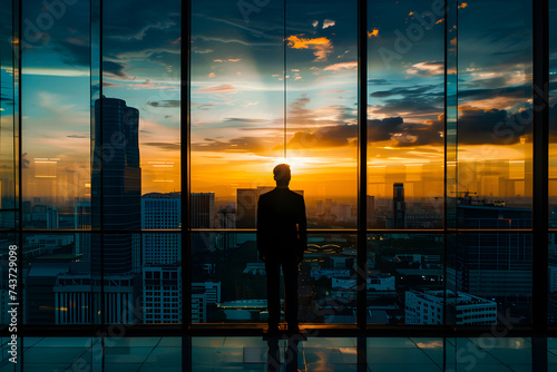 Silhouette of business man following his ambitions. He is looking at the sights of the city.