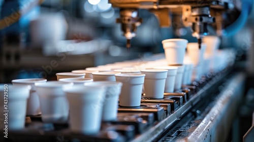 Production line with white plastic cups