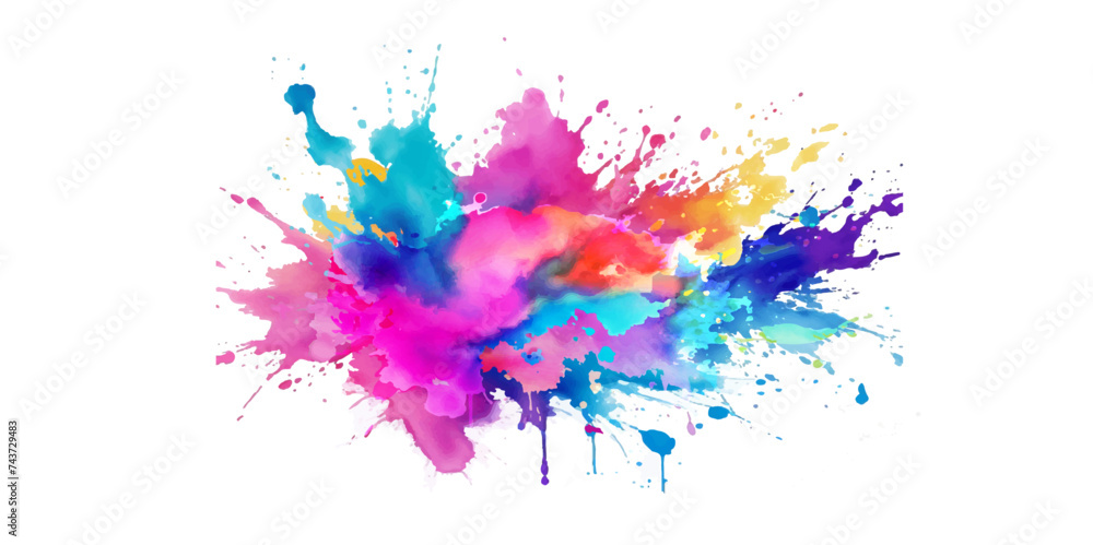 Fototapeta premium Bright colorful watercolor splash splatter stain brush strokes on white background. Modern vibrant aquarelle spot. Rainbow trendy isolated design on white. Element. Vector watercolor illustration. 