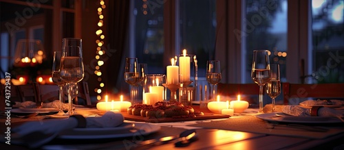 A table is elegantly set with candles flickering and plates of delicious food ready to be enjoyed. The warm light from the candles creates a cozy atmosphere for a meal.