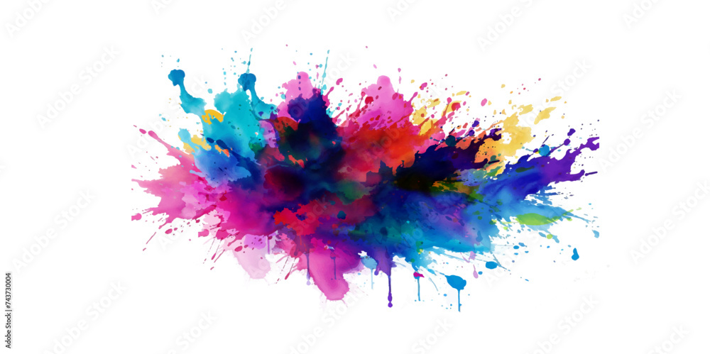 Bright colorful watercolor splash splatter stain brush strokes on white background. Modern vibrant aquarelle spot. Rainbow trendy isolated design on white. Element. Vector watercolor illustration.	