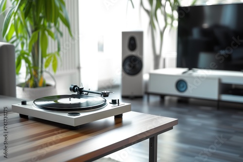 Photo from a vinyl player on a table, modern living room and speakers in the background.  photo