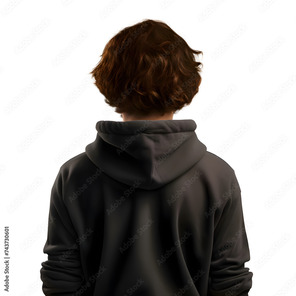 Rear view of boy in hoodie looking down on white background