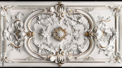 Ornate white plaster relief panel with classic design on a white background.