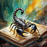 The scorpion sitting on the painting book blur back grind