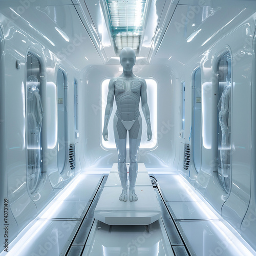 Advanced cryobiology chamber human figure in stasis cutting edge cryo recovery technology serene ambiance photo