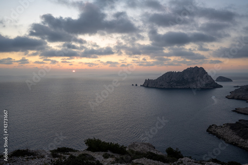 Panorama of the Ile Maïre, English : Maire Island in Marseille, France, by sunset. Picture taken from the Callelongue Calanque. photo