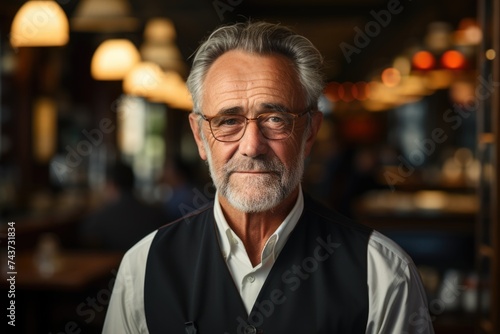 Portrait of a dignified senior man with glasses in a restaurant.