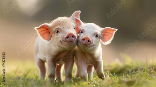 Two piglets standing on a field outside on a pigfarm in Dalarna, Sweden photo