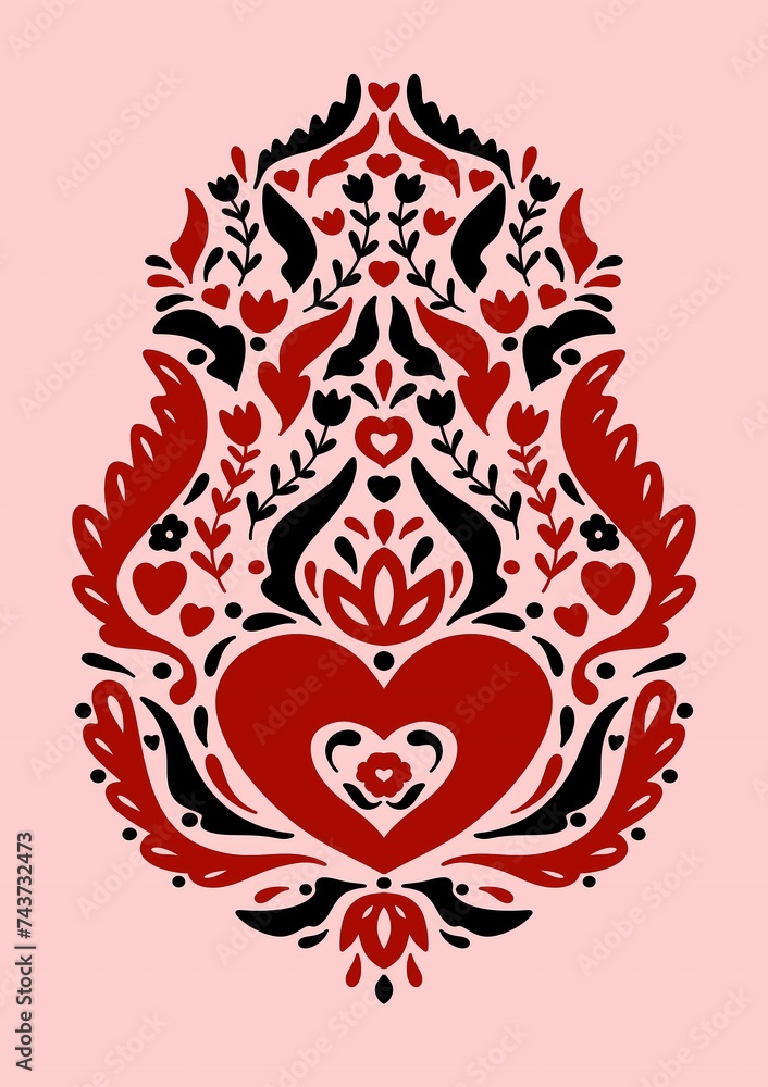 Fototapeta premium Folk Art Print Scandinavian Art Print Norwegian Wall Art Boho Wall Art Modern Cozy Slavic Ukrainian Folk Print Hugge Heart