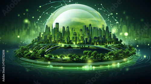 Green Global Earth, City Buildings with Neon Lighting, Environmental Futuristic Technology, Sustainable Development Ecosystem, Eco-Friendly City, Earth Day © RBGallery