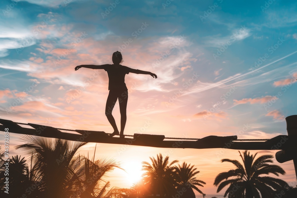 Work-life balance concept Person Balancing on Rope in Front of Sunset. Generative AI