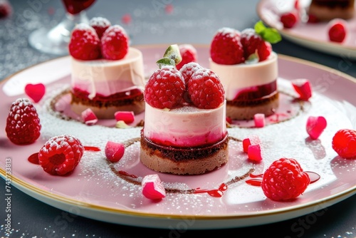 Assorted gourmet desserts on a plate with fresh raspberries