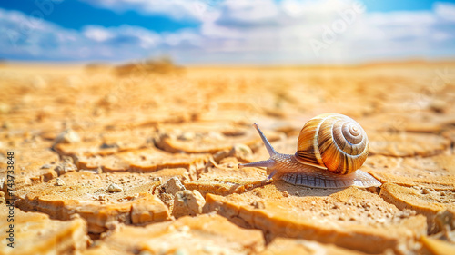 A snail is crawling on the dry ground.