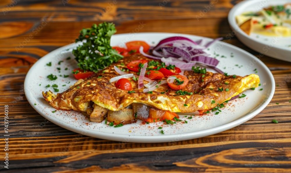 onion omelette with vegetables in a white plate on wooden surface
