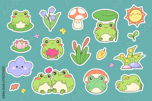 Set of kawaii anime stickers with swamp flora and fauna. Frog, dragonflies, reeds, water lilies, grass. Cute faces for children. Vector illustration