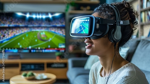 Woman Enjoying Soccer Game with VR Technology