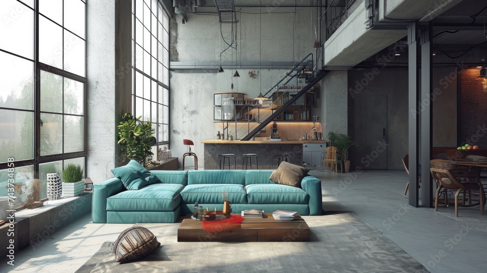 Fototapeta premium Modern industrial loft apartment interior with large windows and open-plan layout.
