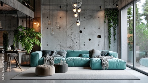 Loft-style living room with blue velvet sofa