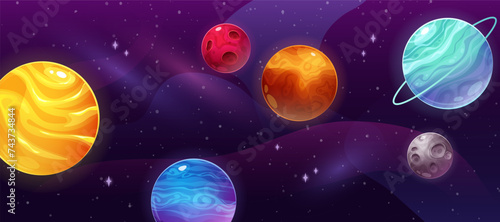 Colorful space background with planets, stars and nebulae. Cartoon vector illustration in gradient for games, children, for Cosmonautics Day