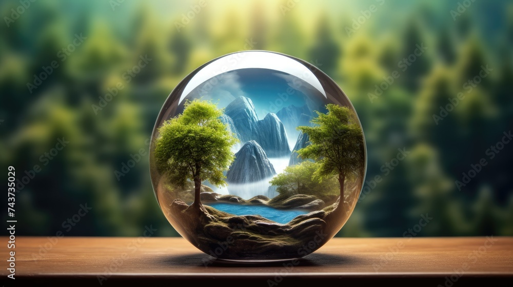 Green Planet and Mountain Lake Landscape on Glass Globe Blur Background. House Plant Showcases Environment and World Earth Day Save Concept
