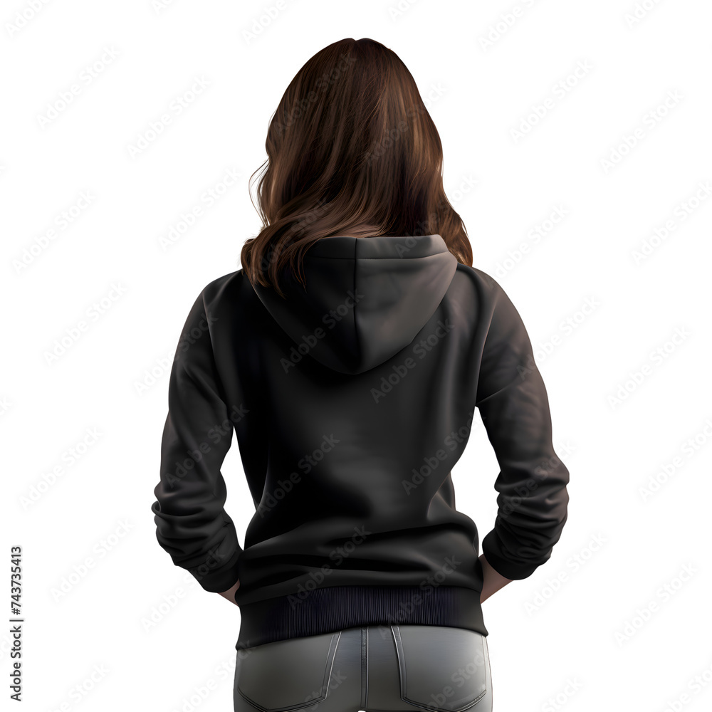 Back view of a young woman wearing a black hoodie on white background