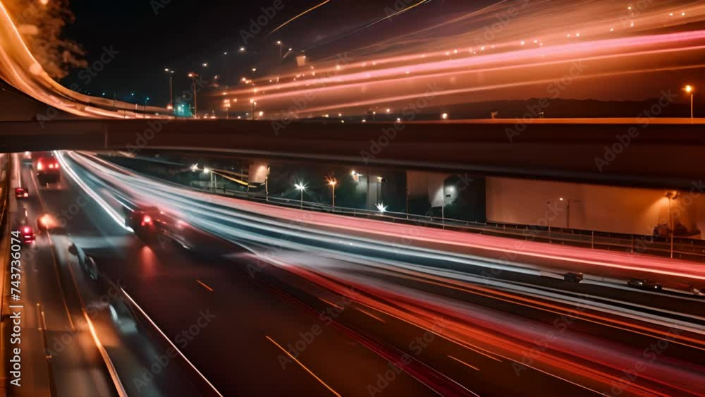 Streaks of light as vehicles zoom along highway at night in this long exposure photo. Blurred motion captures hustle and bustle of late-night traffic Streaks of light as vehicles zoom along highway at night in this long exposure photo. Blurred motion captures hustle and bustle of late-night traffic