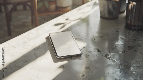 Isolated smartphone device on the bathroom table with blank empty white screen, communication cooking technology concept © BeautyStock