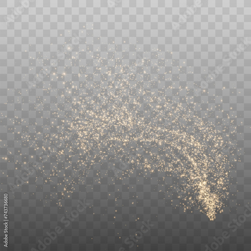 Magical shiny magical gold comets. Festive streaks of gold dust. Abstract light lines of small glowing dust particles. Powder sprinkles png.  Decorative element for cards, invitations, backgrounds.
