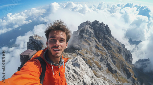 selfie of a hiker, top of high mountain. Generative Ai.