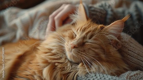 A fluffy orange cat sleeps in its owner's arms, Generative Ai