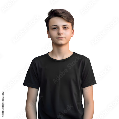 Portrait of a teenage boy in a black T shirt on a white background