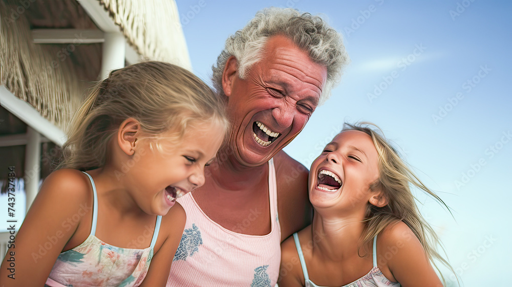Sunny summer day, blue sky, beach setting, elderly man shares laughter with granddaughters.