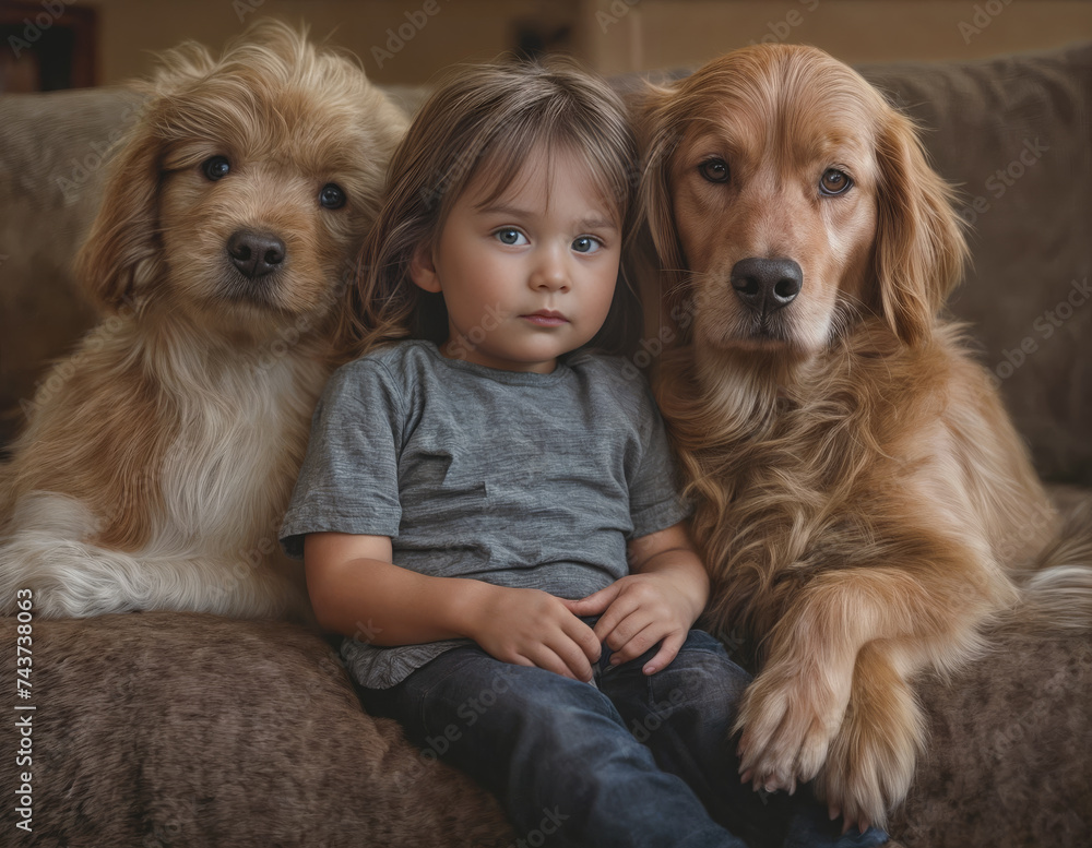 child and his two dogs sitting on a couch created with Generative AI technology