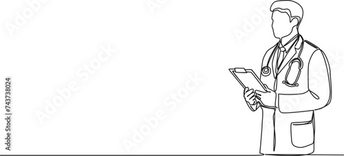 continuous single line drawing of medical doctor with stethoscope holding clipboard, line art vector illustration