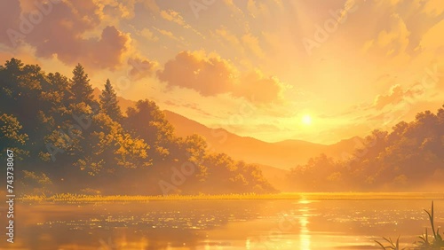 Misty Lake and Golden Sunset - Looping Anime Watercolor Illustration Video photo