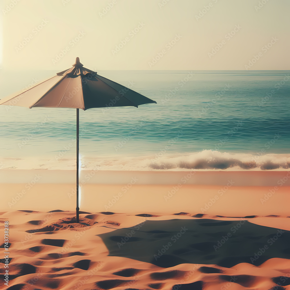  an empty beach umbrella standing alone on a sandy beach, with the ocean waves gently rolling in the background, generative ai