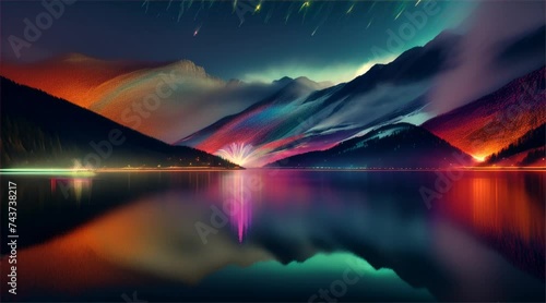 Sunrise over mountains and lake, with vibrant sky, water reflections, and colorful hues photo