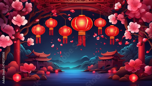 A Chinese style pavilion with red lanterns and pink cherry blossoms.
