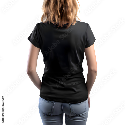 Woman in blank black t shirt. back view. isolated on white background