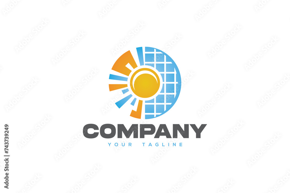 Obraz premium Futuristic logo design of an energy solar panel with bright sun in the center.