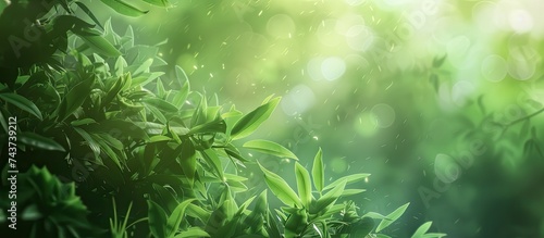 Blurry leaves in various shades of green are seen through raindrops falling in the foreground. The image captures the essence of a rainy day in nature.