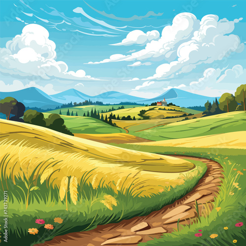 illustration of Beautiful Fields Landscape. Illustration